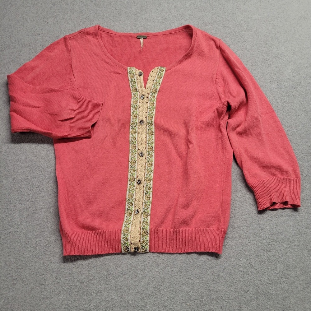 Free People Womens Cardigan Size M Pink Beaded Rhinestone 100% Cotton Lace Trim